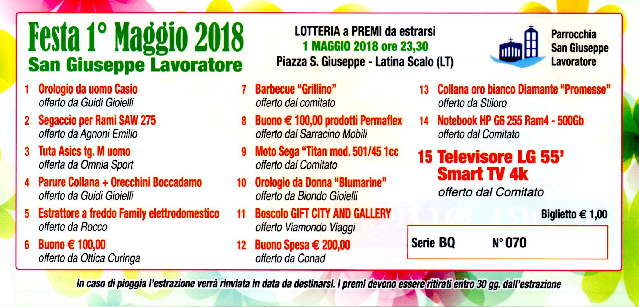 Biglietto Lotteria 1 maggio 2018 Latina Scalo