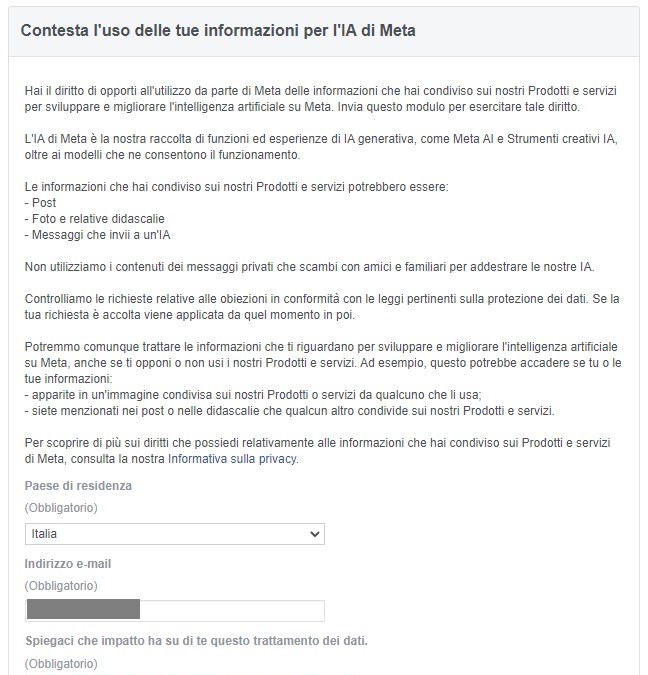 Combattere contro l'espansione dell'IA di Meta per difendere la propria privacy - form di opposizione