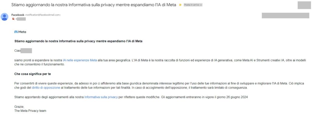 Combattere contro l'espansione dell'IA di Meta per difendere la propria privacy - mail con form di opposizione da Meta