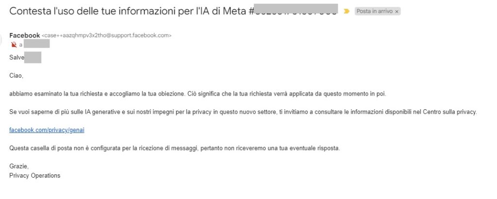 Combattere contro l'espansione dell'IA di Meta per difendere la propria privacy - mail di Meta con esito positivo opposizone contro espansione IA